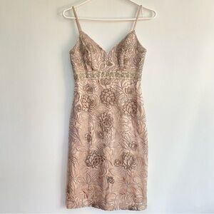 Sue Wong Nocturne Vintage Beaded Mini Dress Cream Tan Lotus Floral Sleeveless 0